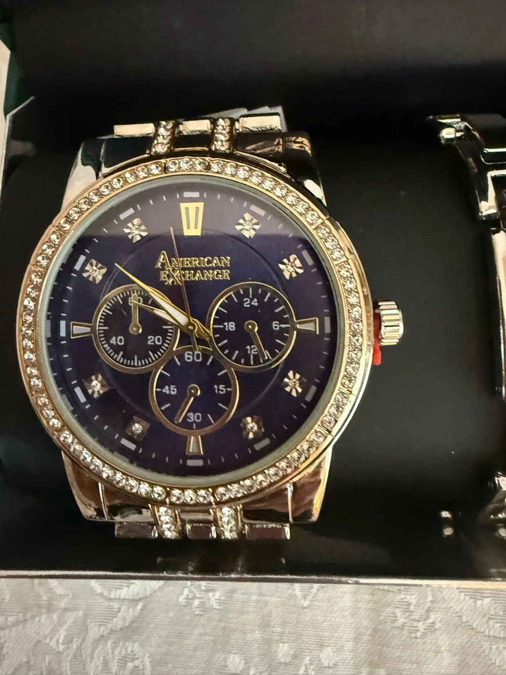 American Exchange Gold-Tone Watch with Black Dial and Matching Bracelet